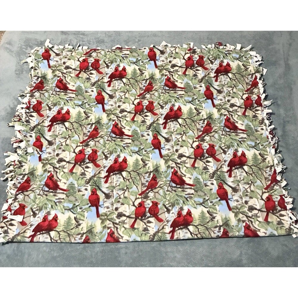 Hand Tied Fleece Throw Blanket Cardinal Beech Trees Forest 52”x84” *READ*
